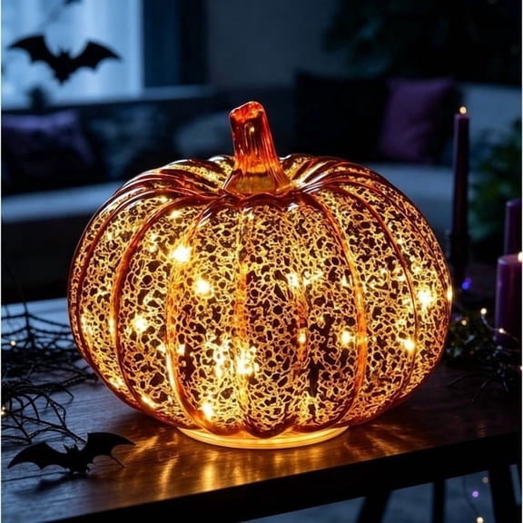 Halloween Fall Pumpkin Lamp,Sparkling Glass Pumpkin Light Lantern,6.6x5.5 inch Light Up Pumpkin Decor