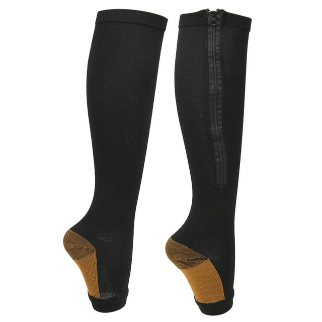Open Toe Compression Socks, Leg Shaping Portable Soft Skin Friendly Reusable Zippered Compression Socks For Home Travel Black Splicing,Skin Color Splicing