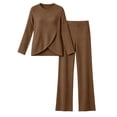 thumbnail image 4 of Brnmyaeo Womens 2 Piece Sets Ribbed Knit Asymmetrical Hem Long Sleeve Top and Straight Leg Pants Warm Cozy Matching Sets Airport Outfit, 4 of 7