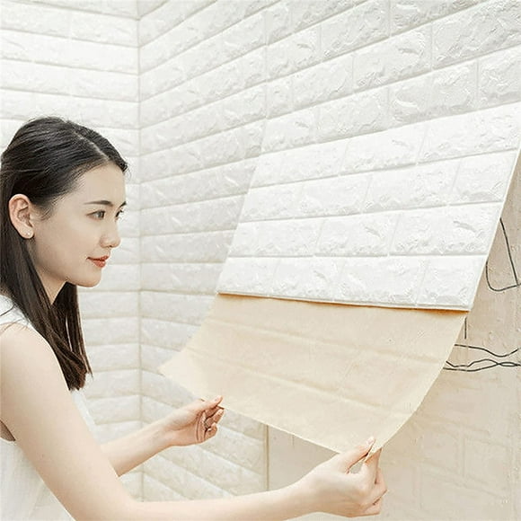 3D Wall Panels Peel and Stick Foam Wallpaper White Brick 3D Wallpaper Stick and Peel Self Adhesive Waterproof Foam Faux Brick Paneling Decorative Wallpaper Bedroom, Kitchen, Fireplace (4PCS, White)