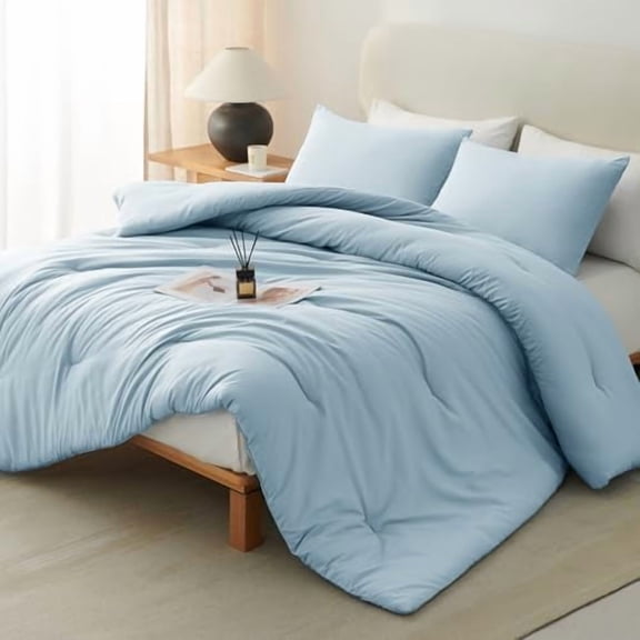 Queen Comforter Set Light Blue, 3 Pieces Solid Queen Comforter Breathable Quilted Bedding Sets, Luxury Soft Bed Set with Down Alternative Comforter All Season (1 Comforter & 2 Pillowcases)