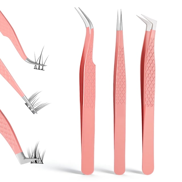 Pinzas para extensiones de pestañas Fyntave, 3 unidades, punta de fibra, color rosa