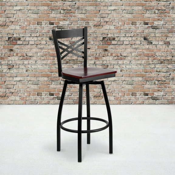 BizChair 2 Pk. Black ''X'' Back Swivel Metal Barstool - Mahogany Wood Seat