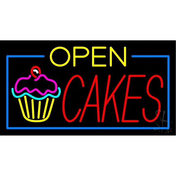 Cakes Open with Green Border LED Neon Sign 13 x 24 - inches, Clear Edge Cut Acrylic Backing, with Dimmer - Bright and Premium built indoor LED Neon Sign for restaurant window and interior decor.
