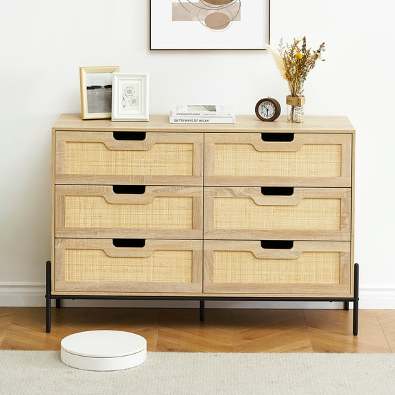 Senfot Storage Cabinet, 6 Drawer Chest with Wicker Pattern - PB, Oak, Elegant Storage for Bedroom or Living Room Organization