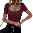 thumbnail image 1 of Solid Color Women Square Neckline Puff Sleeve Slim Shirt Tops, 1 of 5