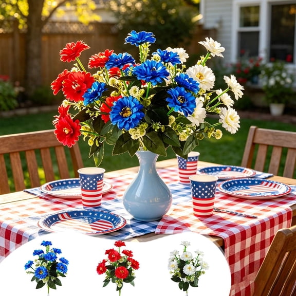 Chmadoxn 18.1 Inch Patriotic Artificial Chrysanthemum Silk Flowers, Red White Blue Bouquet for 4th of July Independence Day Home Table Decor, Handmade Faux Floral