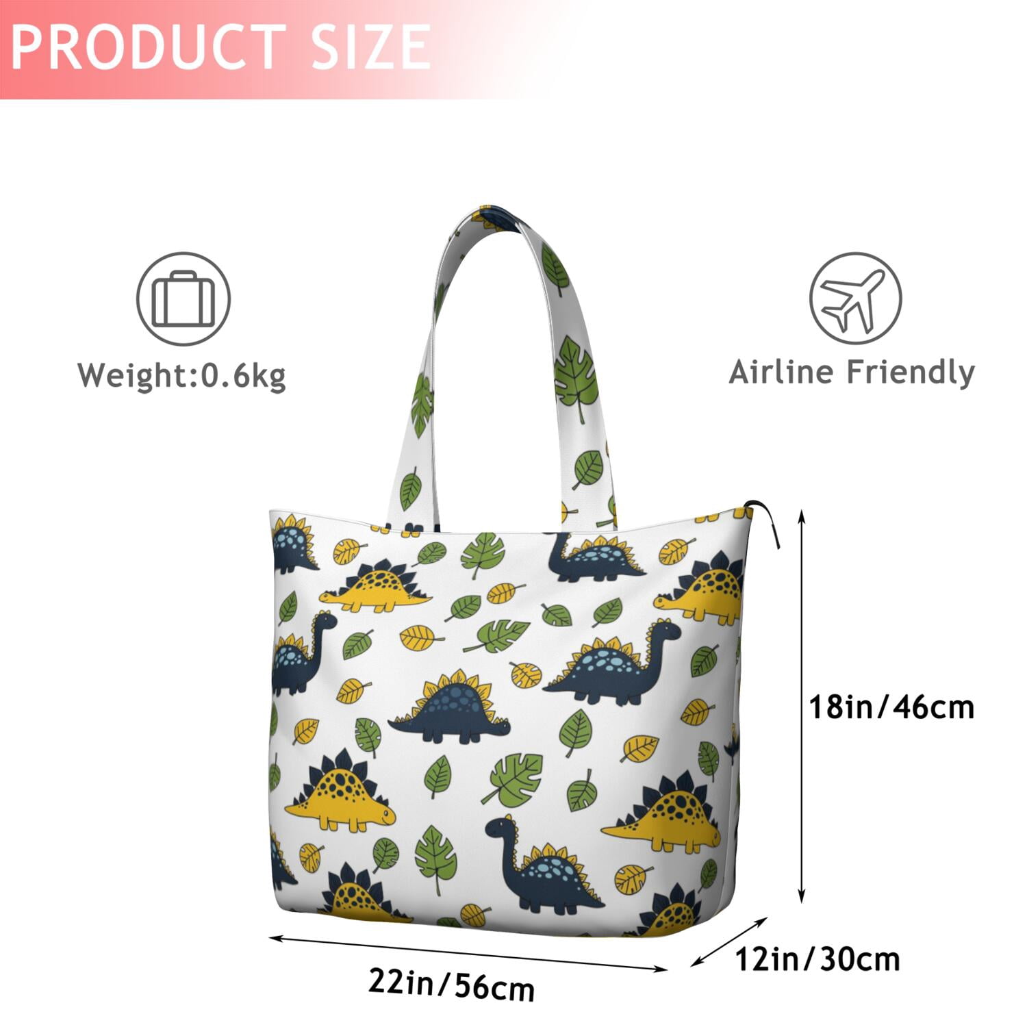 White Cartoon Dinosaurs Green Yellow Leaves Pattern Travel Tote Bags for Women Carry On,Large Weekender Bags for Women Travel,Multi Functional Duffle Bag for Work,Shopping,Sports