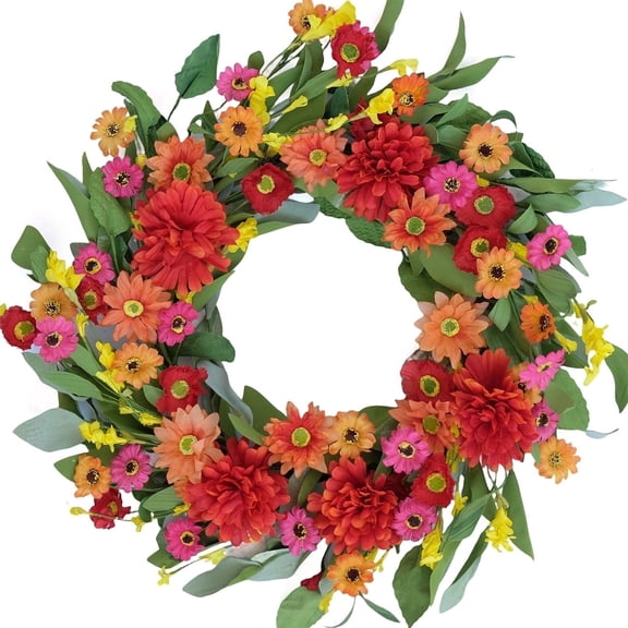 20-inch Spring Summer Zinnia Wreath wreaths for front door, a colorful floral door wreaths for front door outside featuring red, pink, orange, and yellow blooms, perfect for front doors