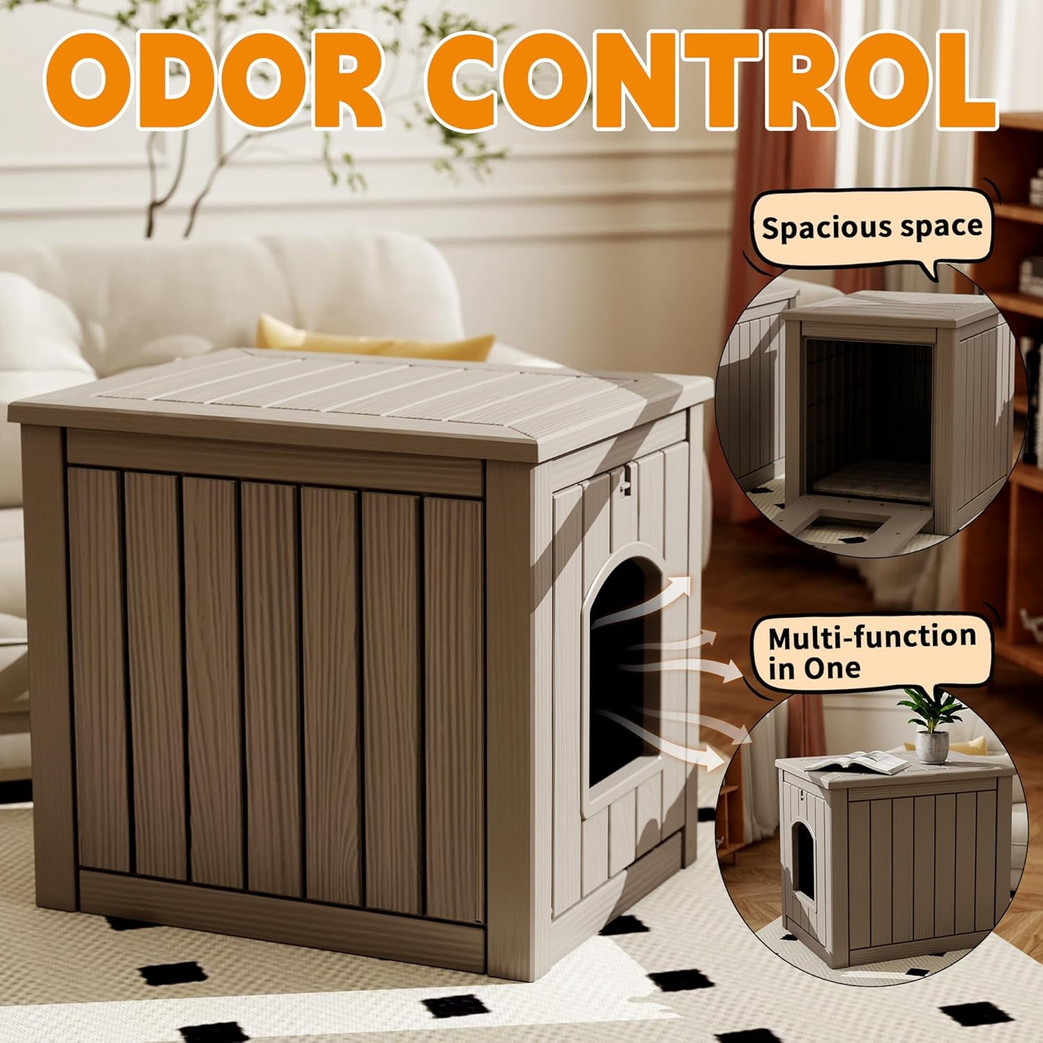Cat Litter Box Enclosure, Multi-Functional Hidden Litter Box Furniture & Indoor Outdoor Cat House with Side Table Design, Openable Front Door & Raised Floor, Easy to Clean & Assemble, Grey