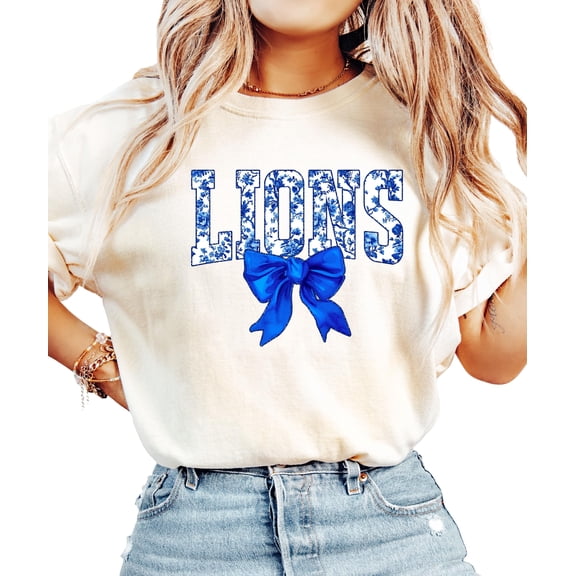 Trendy Lions Floral Shirt for Women and Teens Cute Blue Bow Sports Tee Ivory Shirt Adult Medium