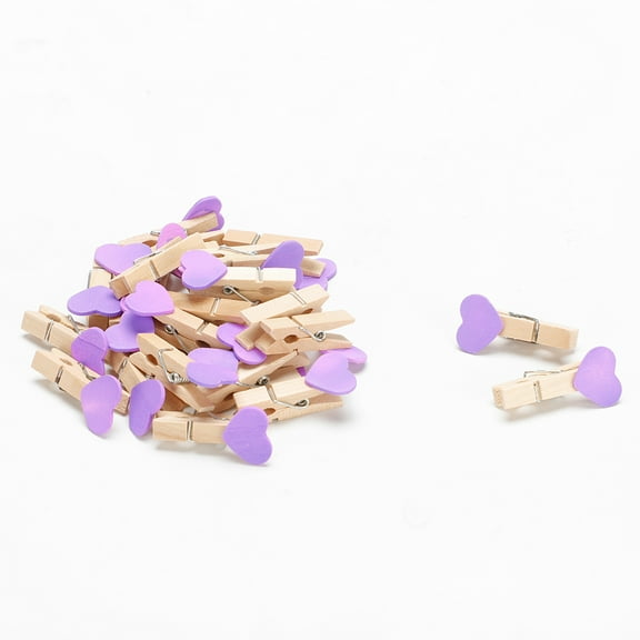 Unique Bargains Card Photo Clothes Heart Shape Clothespin Peg Wooden Clip Purple 50pcs