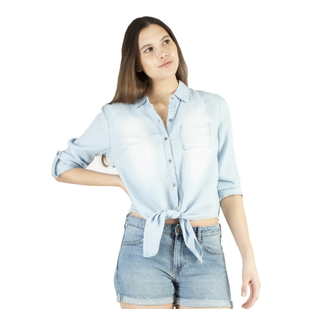 Blusa camisera mezclilla con nudo AMAD Casual para mujer Talla S