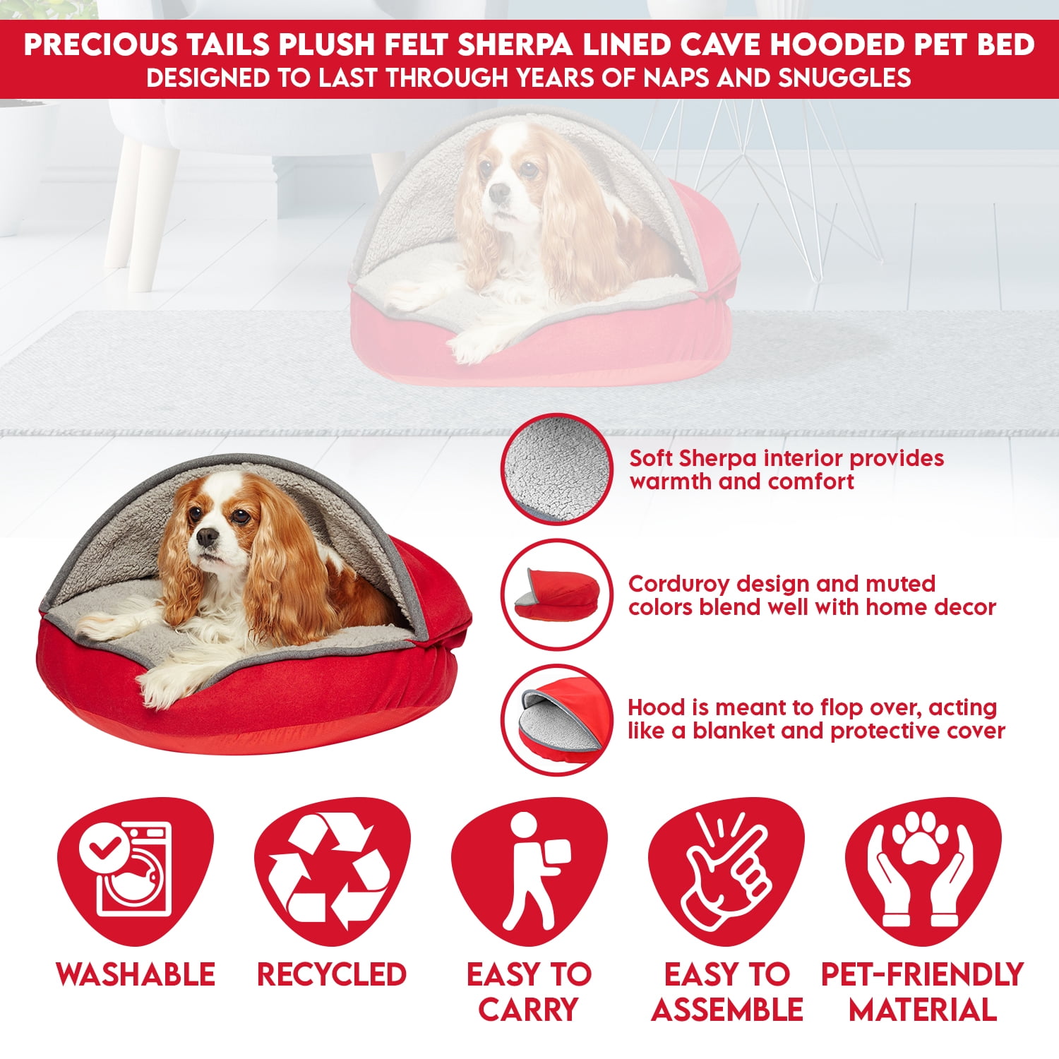 Precious Tails Plush Felt Sherpa Pet Cave Bed