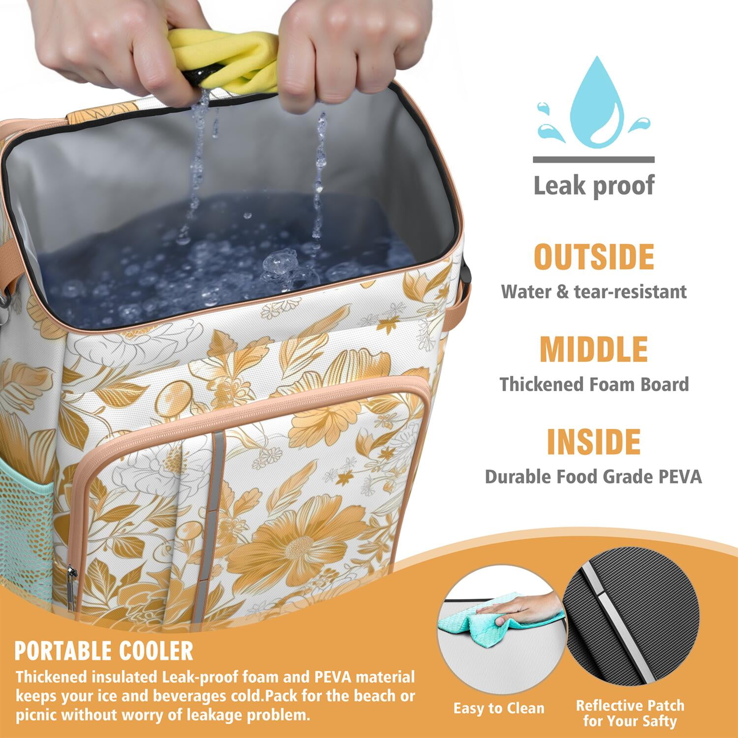 Travel Cooler Bag - Pioneer Flower Floral Print Pattern Camping Beer Cooler Backpack with Bottle Opener- Waterproof Insulated Picnic Backpacks - Cooler Bag for Beach