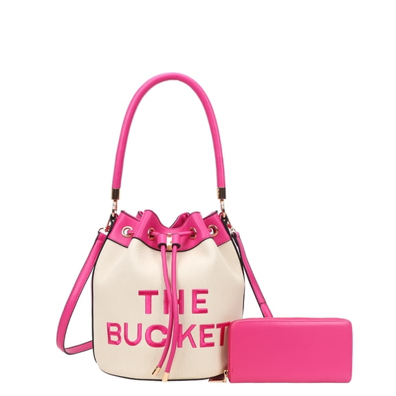 The Bucket Draw String Canvas Hobo -Shoulder Bag with Wallet for Women Color Rose