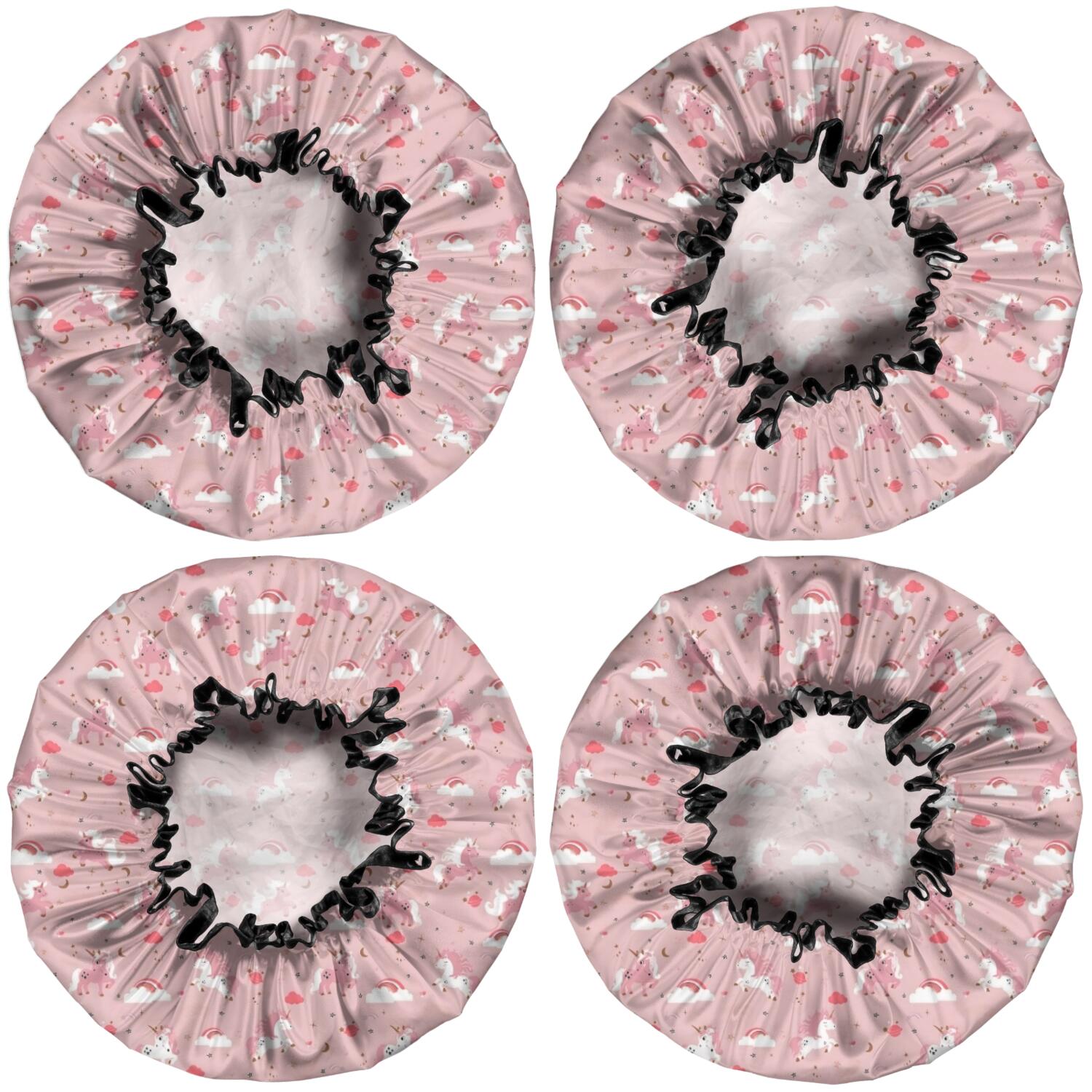 Shower Caps,Pink Unicorn Cloud Heart Pattern Waterproof Shower Cap for Women 4 Pieces,Double Reusable Hair Cover for Shower PEVA Elastic Stretch Hem