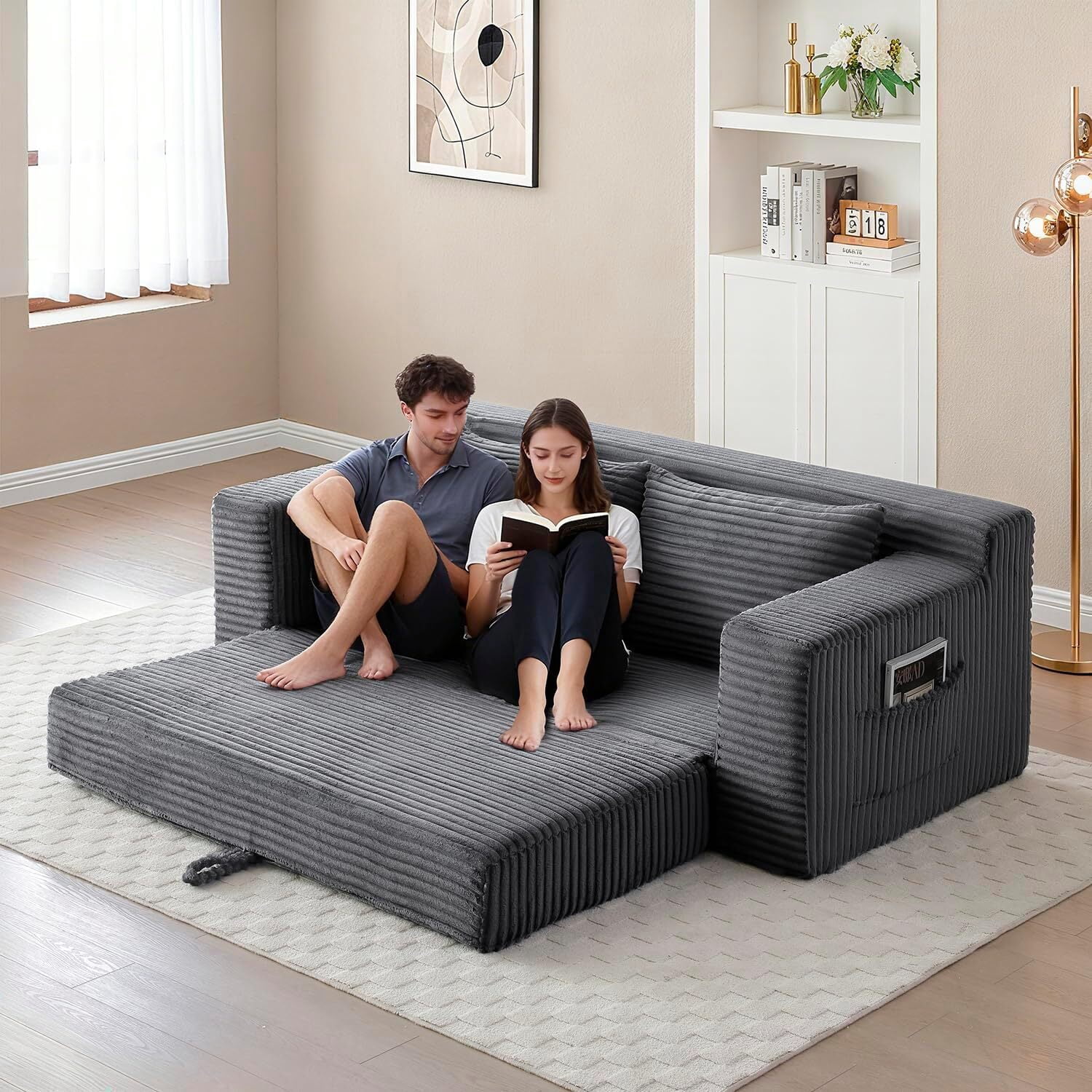 Howcool 73" Boneless Loveseat Sleeper Sofa,2 in 1 Pull Out Convertible Corduroy Floor Couch with Side Storage Pockets & 2 Throw Pillows,Foldable Guest Couch for Living Room,No Assembly Required,Grey