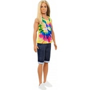 Ken Fashionistas Doll with Long Blonde Hair, Wearing Tie-Dye Shirt, Denim Shorts and Shoes, for 3 to 8 Year Olds