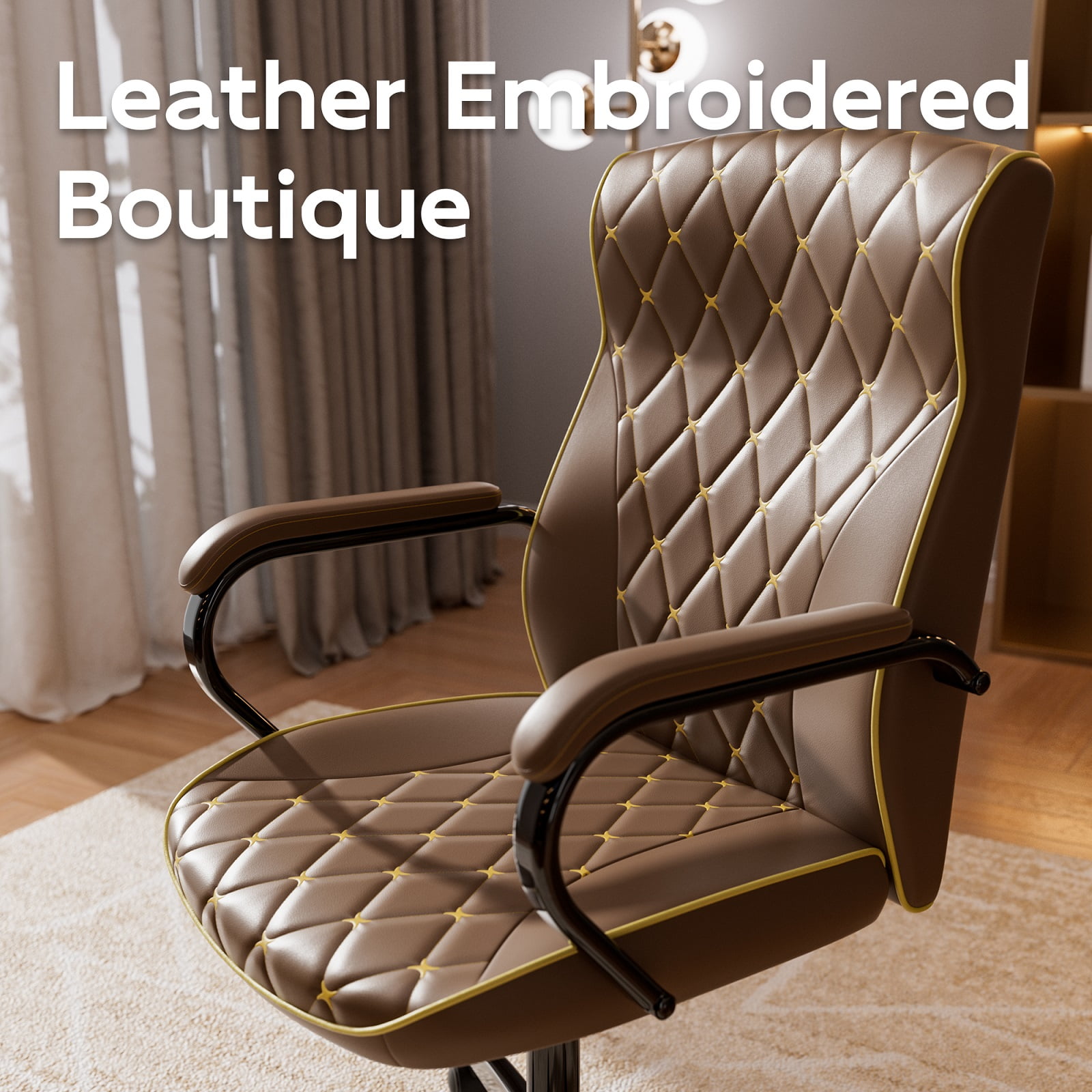 iooHug Ergonomic PU Leather Office Chair, Executive Desk Chair with Diamond Quilted, Swivel Computer Chair with Lumbar Support & Rocking Function for Home Office, Brown