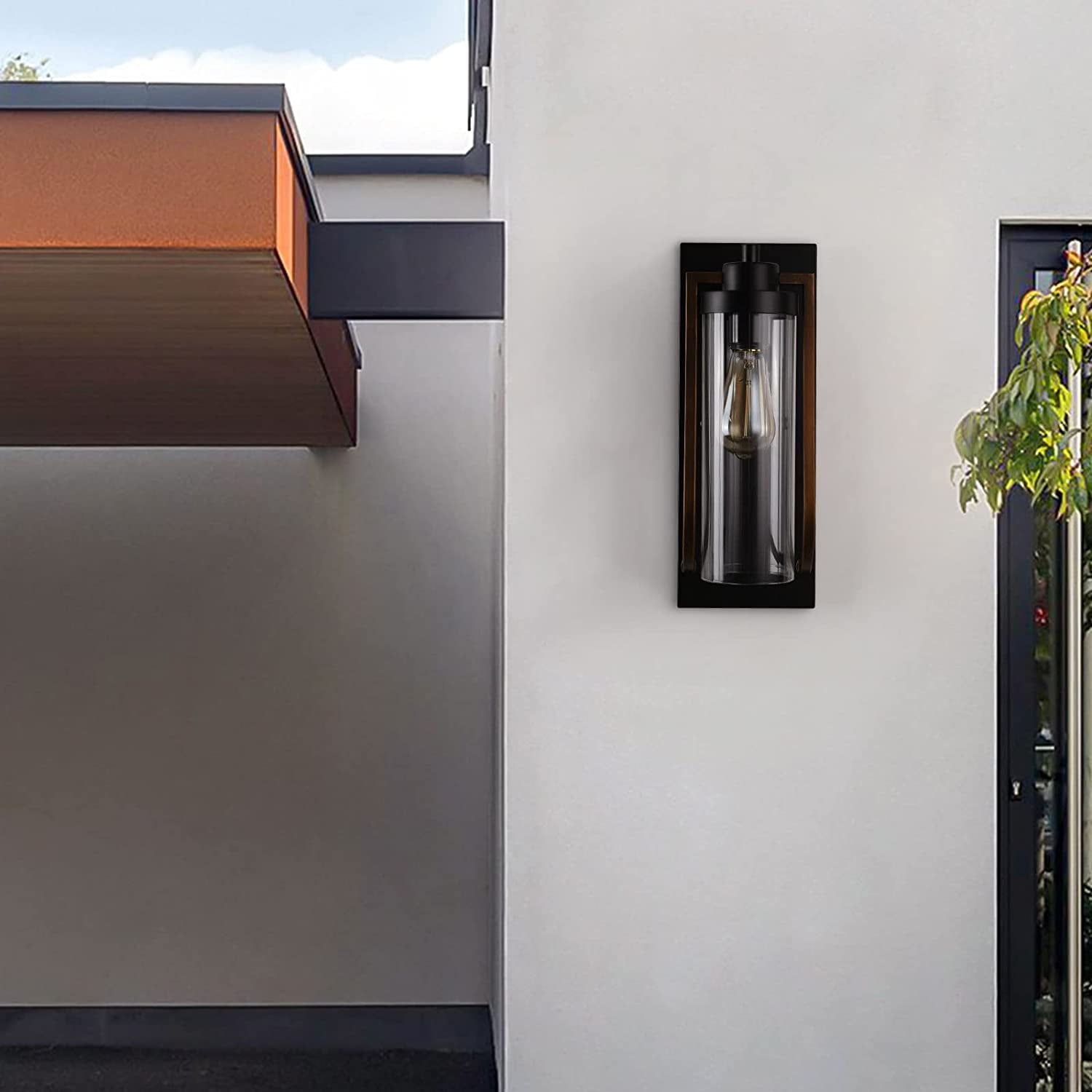 Modern Farmhouse Wall Light Fixture Wall Sconce, Outdoor Black and Gold Aged Brass Exterior Lantern Sconce Lighting, Porch Lights Wall Mount, Bathroom Light Fixtures Wood Grain Finish(E26 Base)