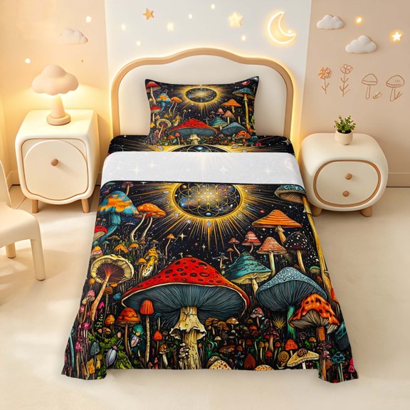 Homewish Watercolor Botanical Mushroom Twin Sheets,Vintage Fungus Plant Bedding,3 Pieces,1 Flat Sheet,1 Fitted Sheet and 1 Pillowcase