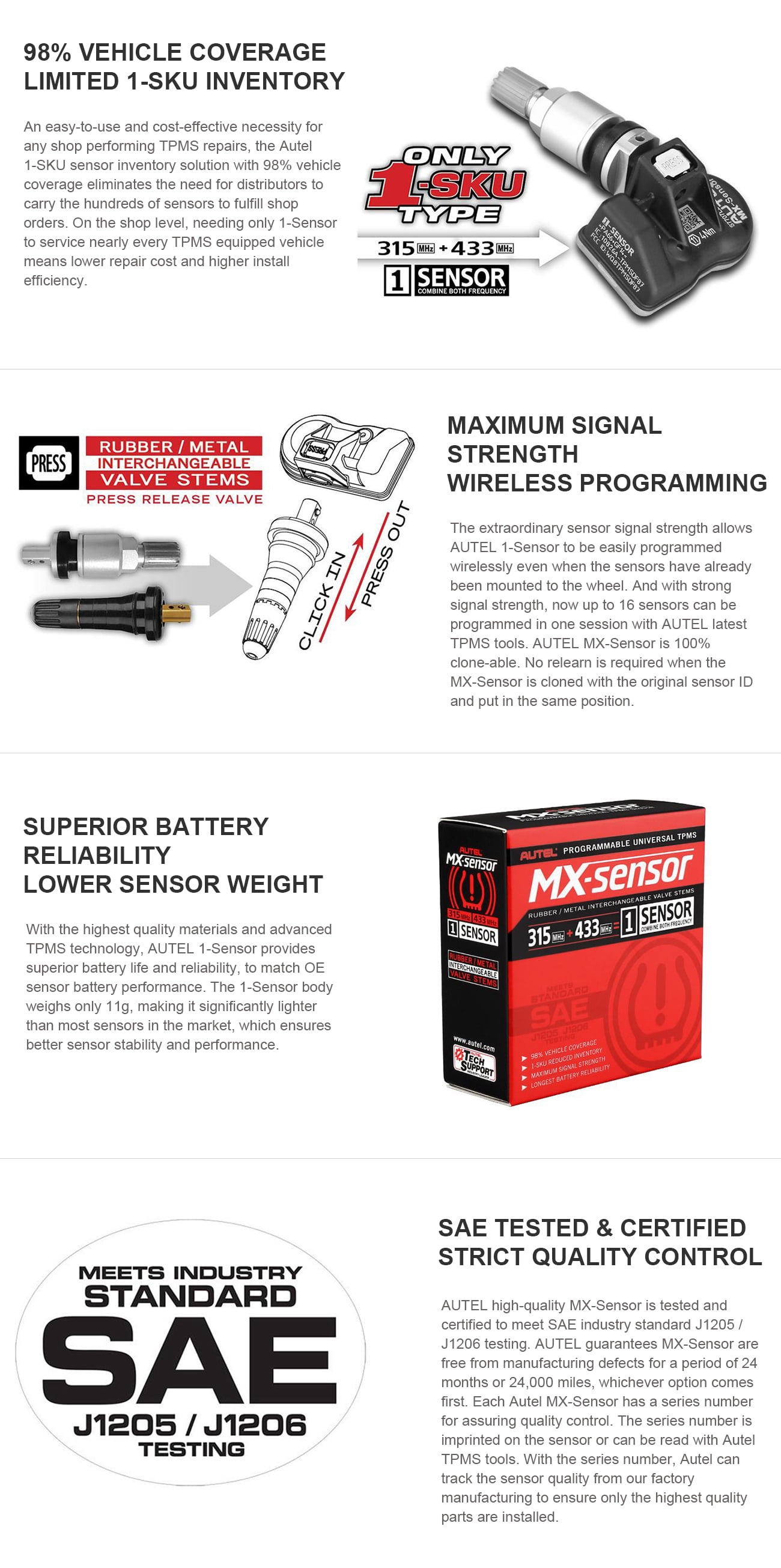 Autel MaxiTPMS MX Sensor 4pcs Metal Stem TPMS Sensor 315MHz/433MHz Universal Tire Replacement Sensor Work With TS401 TS408 TS501 TS508 TS601 TS608 MK808TS MX808TS MS906TS ITS600