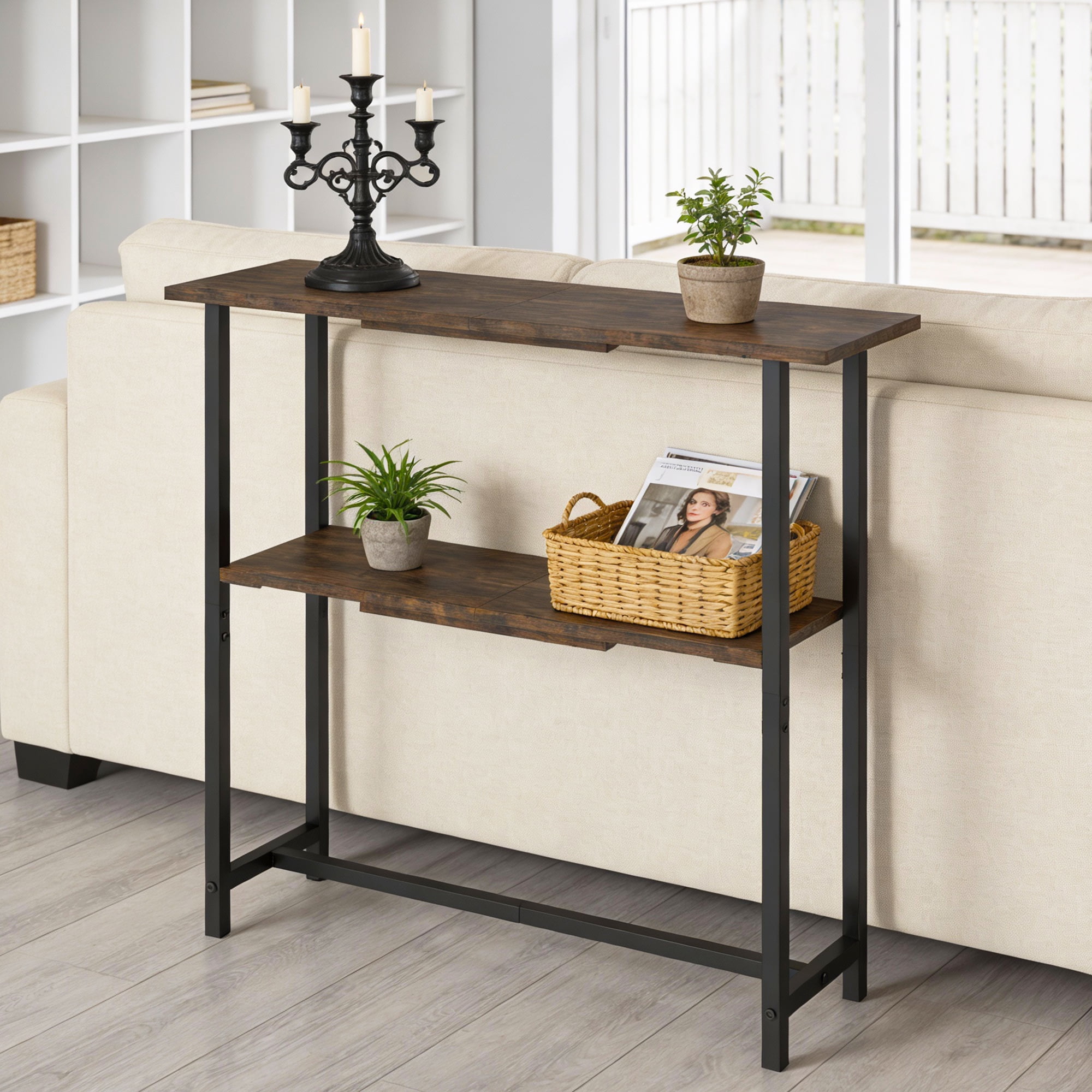 Manxile Industrial Narrow Console Table, 2 Tier Storage Shelves Wooden Sofa Side Table, Rustic Brown