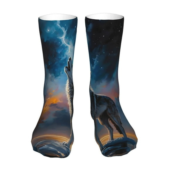Cauagu Lonely Night Sky Wolf Pattern Fun Novelty Crew Socks,Casual Athletic Socks Neutral Socks Cozy Crew Socks Christmas Gift