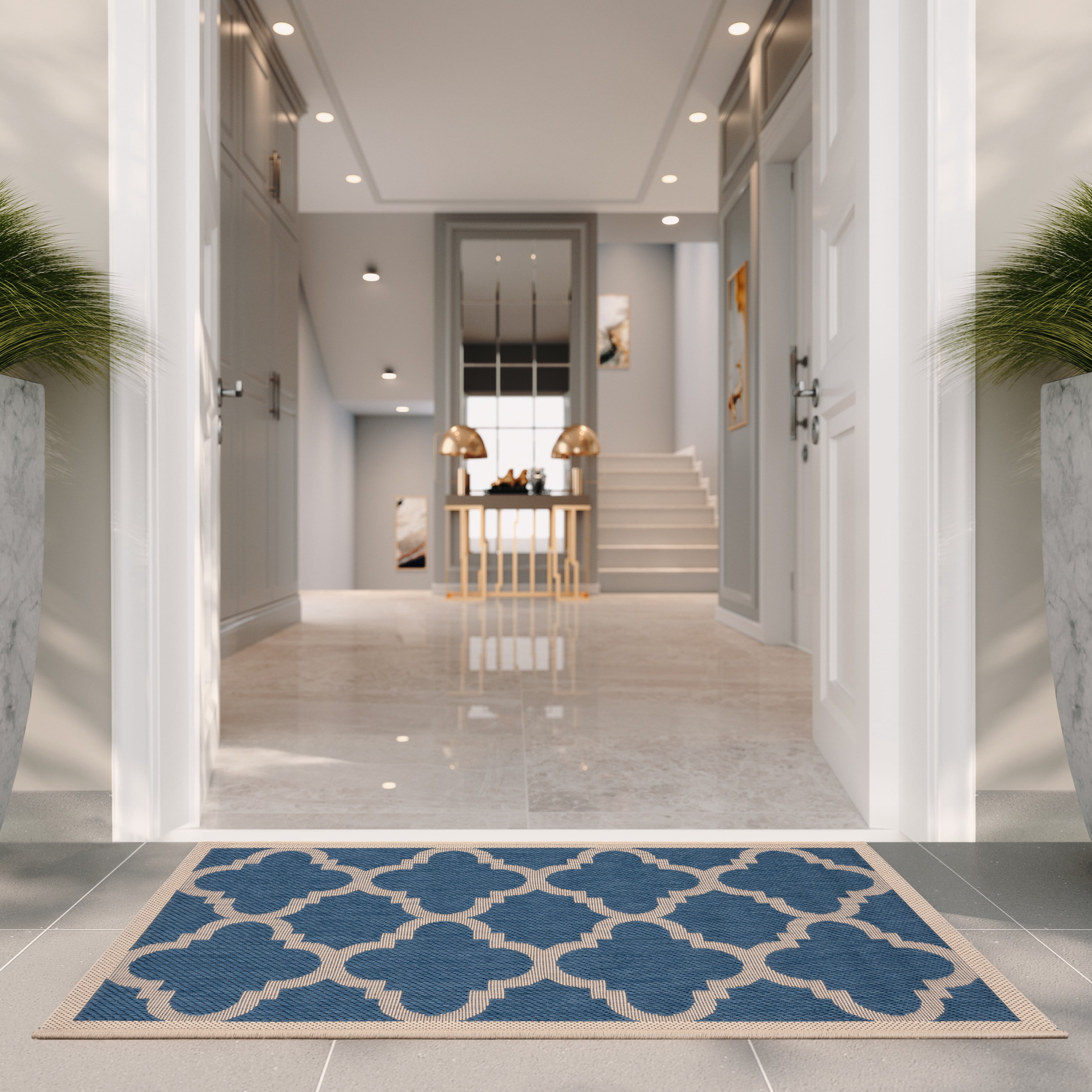Safavieh Courtyard Becky Geometric Indoor/Outdoor Area Rug, Blue/Beige, 4' x 5'7"