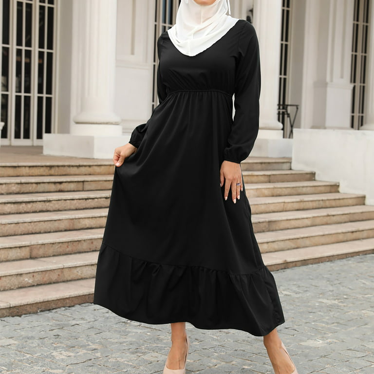 OFLALW Summer Womens Muslim Islamic Abaya Dresses - Casual Zipper Prayer  Clothing Without Hijab Long Sleeve Chiffon Dress 
