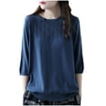 thumbnail image 2 of Qulqfy Women Tops Knitting Cotton Spring 3/4 Length Sleeve Shirts Button Jacquard Crew Neck Pure Tops Button Blouses for Women 0, 2 of 3