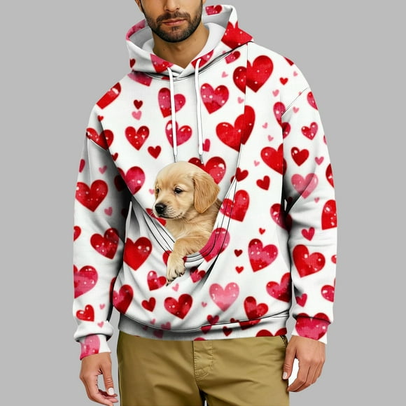 TIMIFIS Valentines Mens Pet Carrier Hoodie Long Sleeve Hooded Sweatshirts Pullover Fall Winter Heart Graphic Casual Comfy Kitten Cat Puppy Holder Kangaroo Pocket Drawstring Top