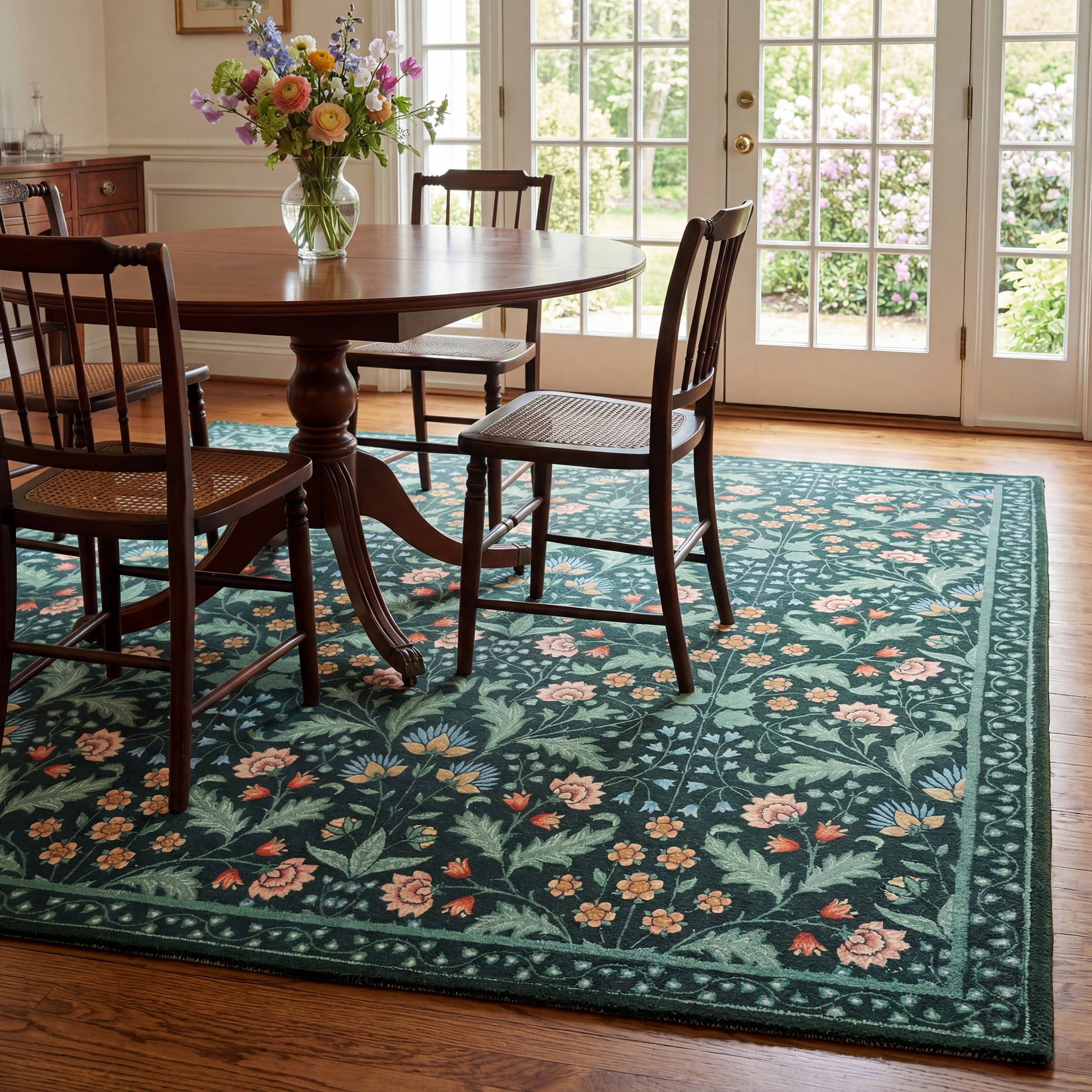 ARJINCUTE 9' x 12' Floral Area Rugs for Living Room, Washable Low Pile Non-Slip Vintage Large Floor Carpet for Bedroom Dinning Room, Black  Base