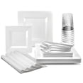 thumbnail image 1 of " OCCASIONS " 960pcs set (120 Guests)-Heavyweight Wedding Party Disposable Plastic Plate Set -120 x 9.5'' + 120 x 6.5'' + Silverware + Cups+Napkins (Square White, Silver Silverware), 1 of 4