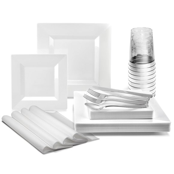"OCCASIONS" Ensemble de 640 Pcs (80 Invités) - Assiettes en Plastique Jetables pour Mariage - 80 x 9.5 Pieds' + 80 x 6.5 Pieds' + Couverts + Tasses + Serviettes (Carré Blanc, Argenterie)