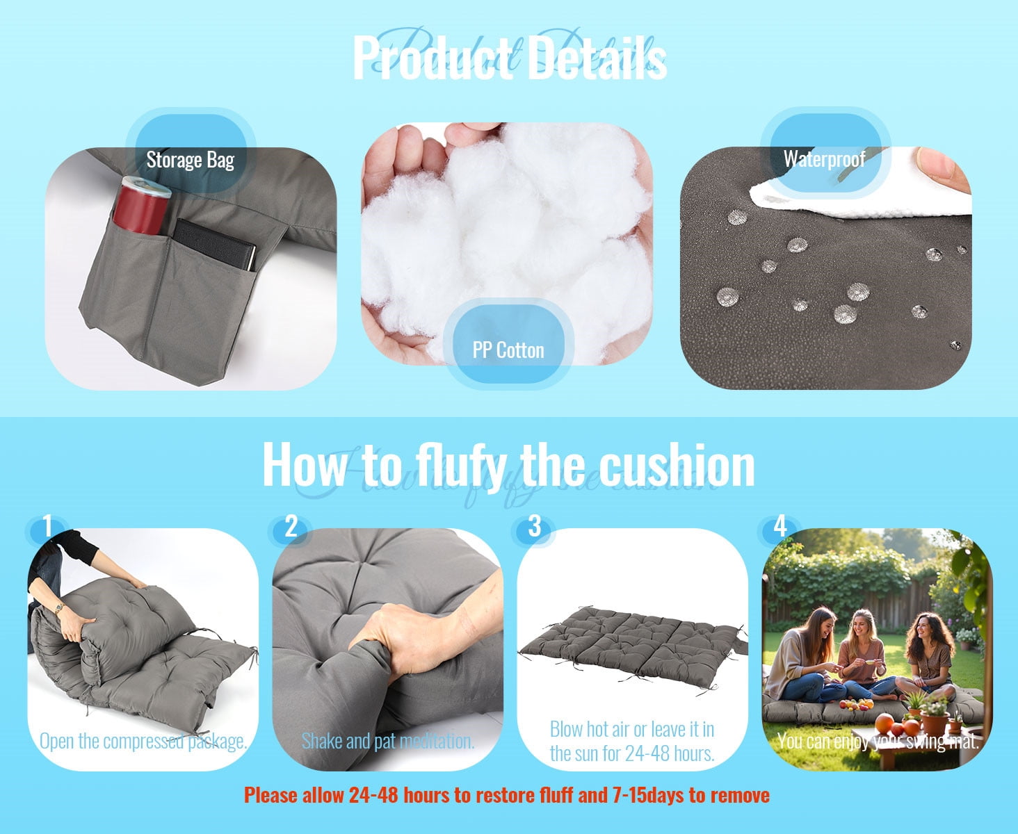 Outdoor Bench Cushion Inlife Swing Chair Cushion Waterproof Sun-Resistant with 8 Nonslip Ties, Deep Gray 150cm*100cm