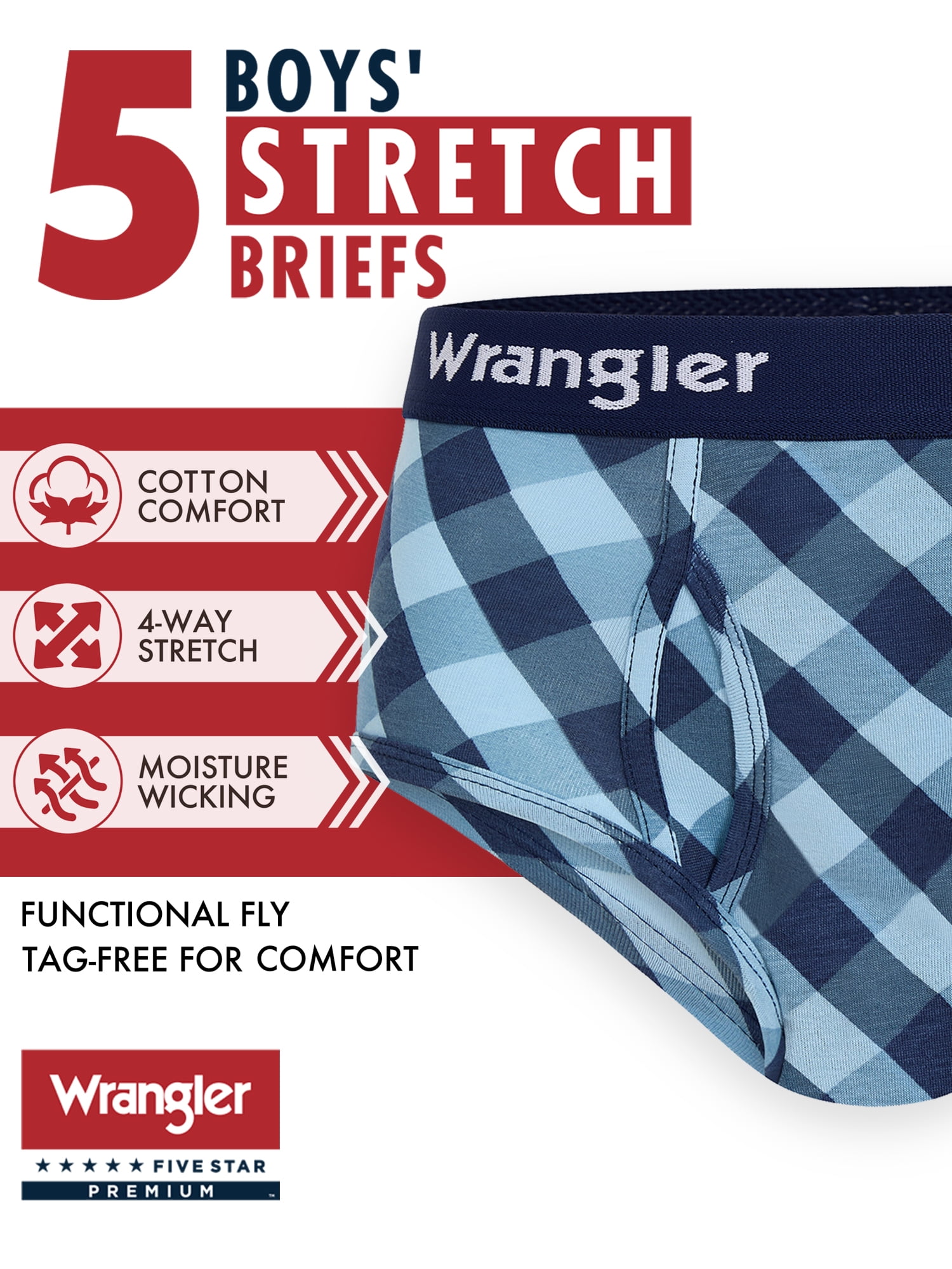 Wrangler Boys' Cotton Briefs, Soft Boys Underwear w/ 4-Way Stretch, Medium, 5-Pack