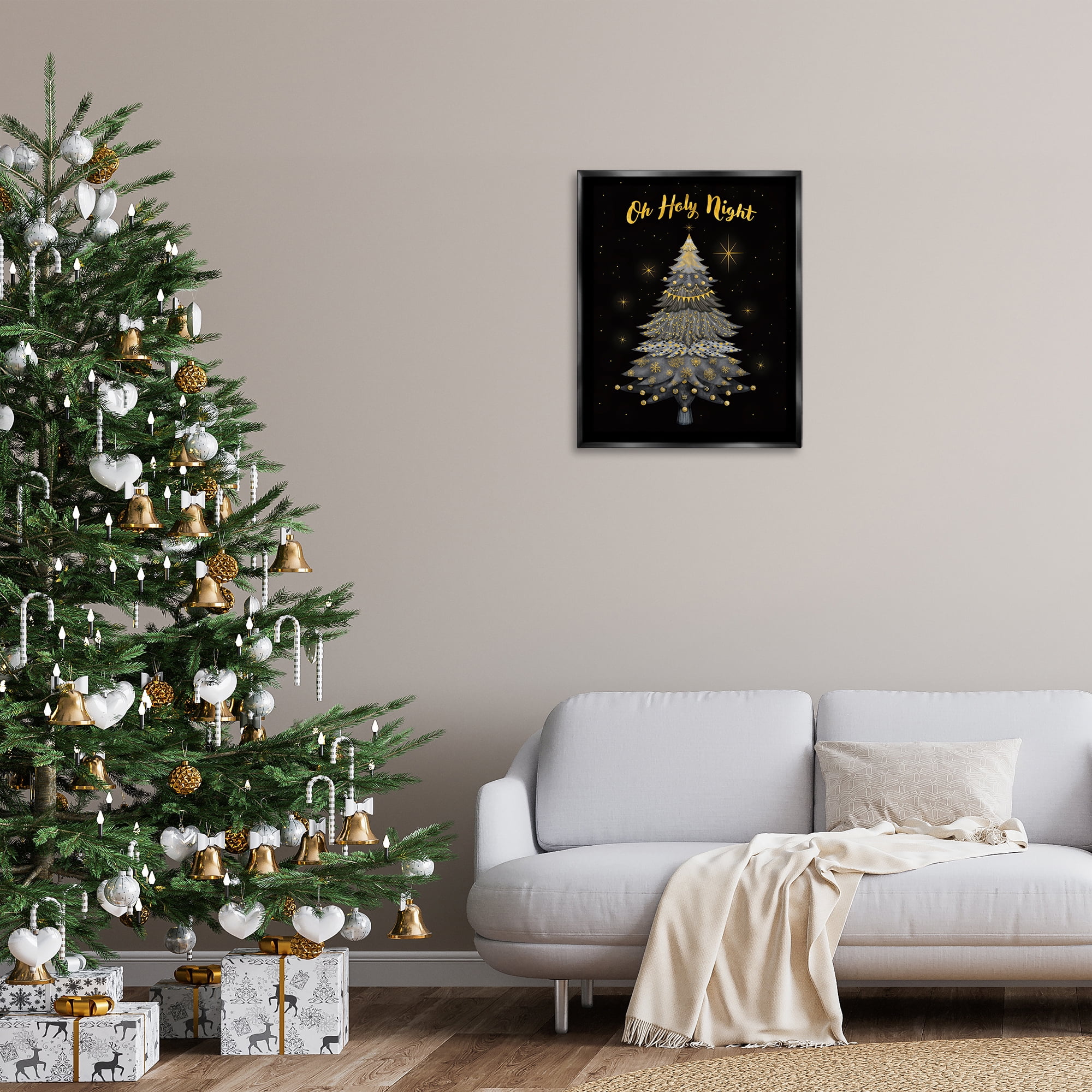 Stupell Industries Oh Holy Night Winter Tree Holiday Painting Black Floater Framed Canvas Art Print Wall Art, 25 x 31