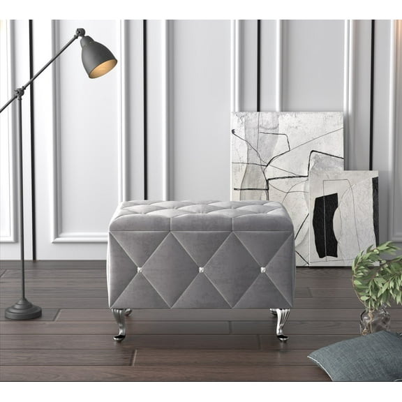 Home Design Bodhi Upholstered 30" Flip Top Storage Bench with Diamond Tufted Velvet Seat, Spacious Hidden Storage, and Multi-Purpose Rectangular Design for Bedroom or Living Room, Silver Gray