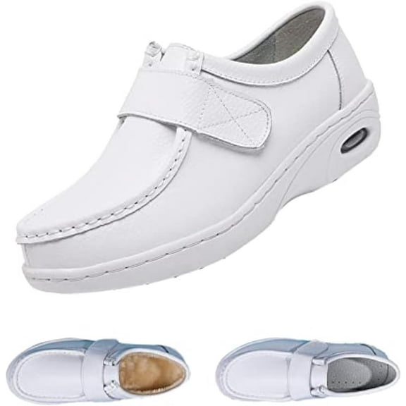 Women's White Slip-On Work Loafers - Comfortable Platform Sneakers with foot arch pad for Nurses
