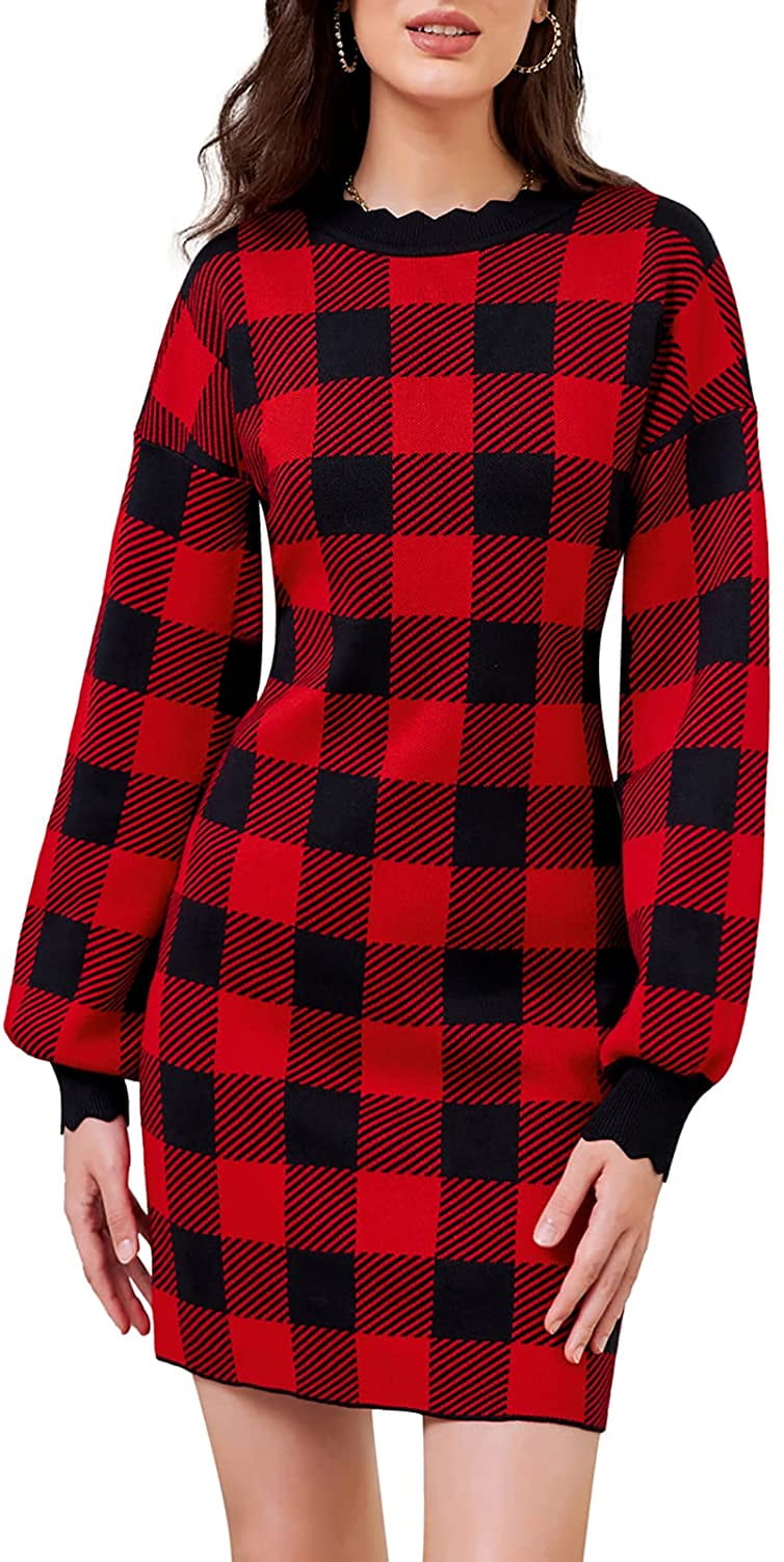 Women Long Sleeve Plaid Sweater Dress 