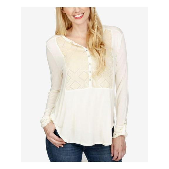 LUCKY BRAND Womens Ivory Velvet Long Sleeve Jewel Neck Top Size: M