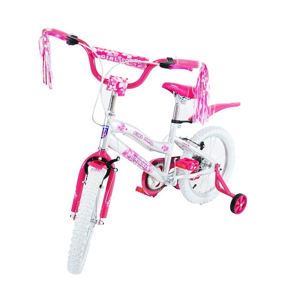 Bicicleta para niña de 5 a 10 años, Rodada 16, Blanco-Rosa, con rueditas de entrenamiento. Unibike Girl Power Urbana