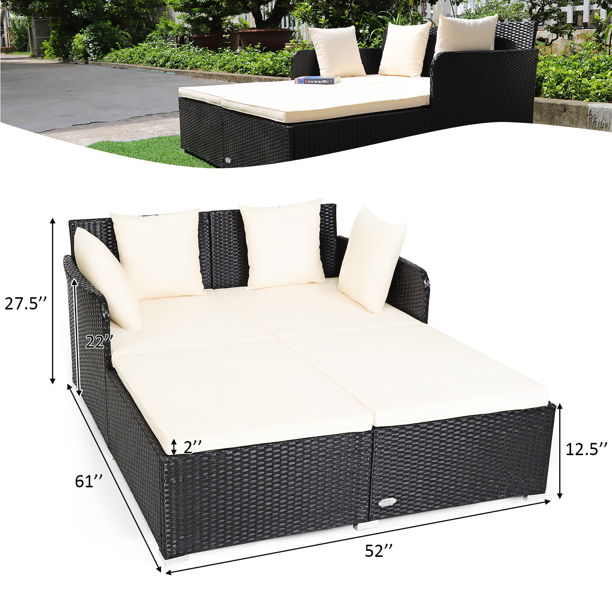 Costway Outdoor Patio Rattan Daybed Pillows Cushioned Sofa Furniture Beige - image 3 of 10