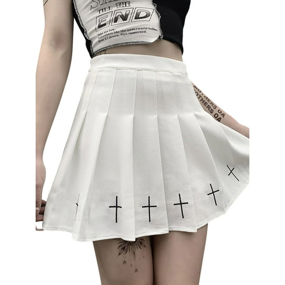 Musuos Women High Waist Gothic Punk Mini Skirts, Cross Pattern Mini Pleated Skirt