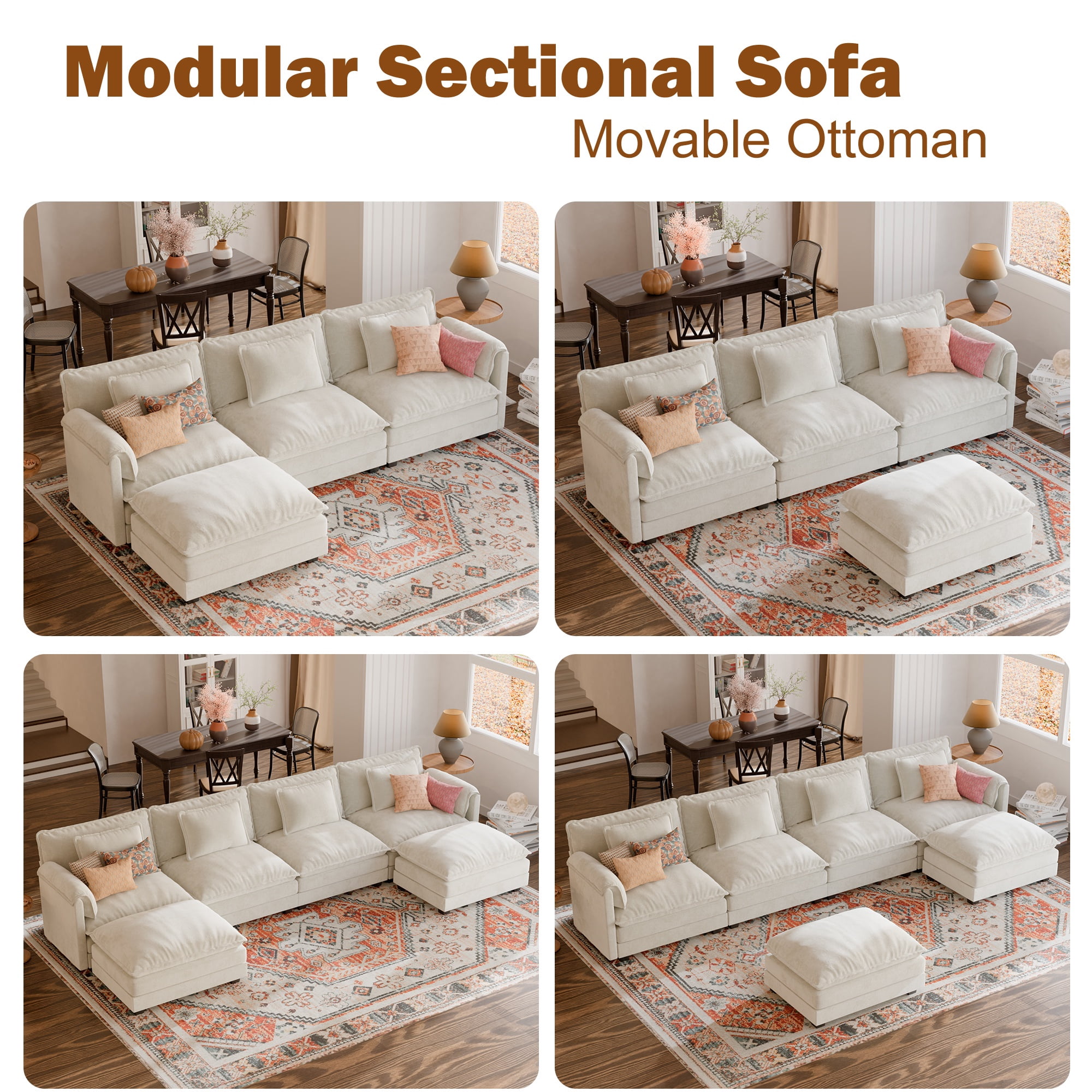 JULY'S SONG U Shaped Couch Set, 4-Seater Modular Sectional Sofa with Movable Ottoman, Deep Seat Couches and Sofas for Living Room, Comfy Cloud Couch with Detachable Cushions, Chenille Cream White