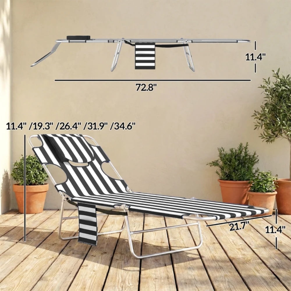Outdoor Folding Sun Lounger 5-Position Adjustable Backrest Face Cavity & Arm Slots with Side Pocket Carry Strap Breathable Oxford Fabric Lounge Chair for Beach Pool Patio