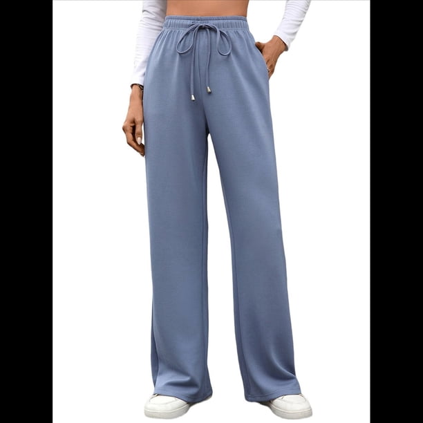 Pantalones Deportivos Casuales para Mujer, de Pierna , Holgados, con Cordón Ajustable, Cintura Alta, Elásticos y Bolsillos. Azul S