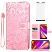 Compatible with LG G7 ThinQ Wallet Phone Case and Tempered Glass Screen Protector Flip Credit Card Holder Stand Mandala Flower Cell Cover for LGG7 One G 7 Plus LG7 Fit LG7ThinQ 7G Thin Q G7+ Pink